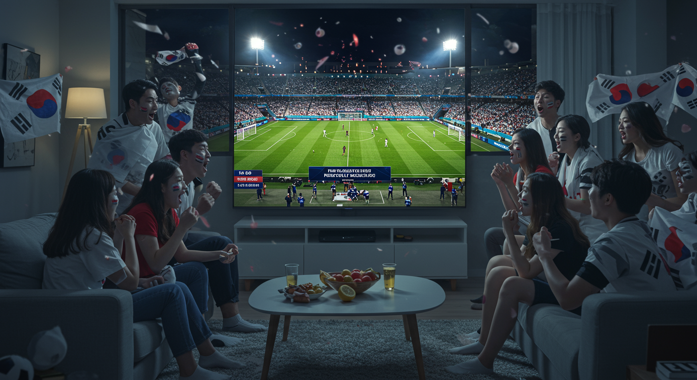TV를 통해 생중계되는 축구 경기를 시청하는 사람들