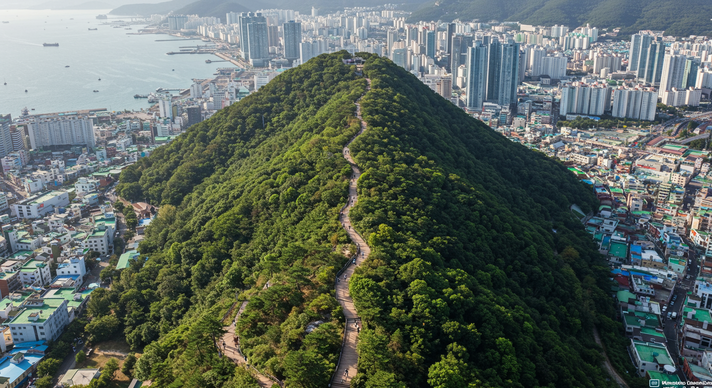 부산 도심 속 작은 산의 전경과 주변 도시 풍경