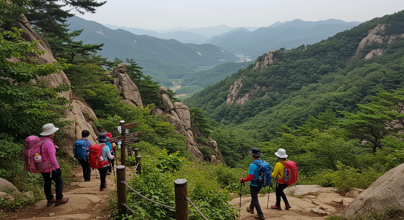 서로 다른 난이도를 가진 여러 등산로를 탐험하는 등산객들
