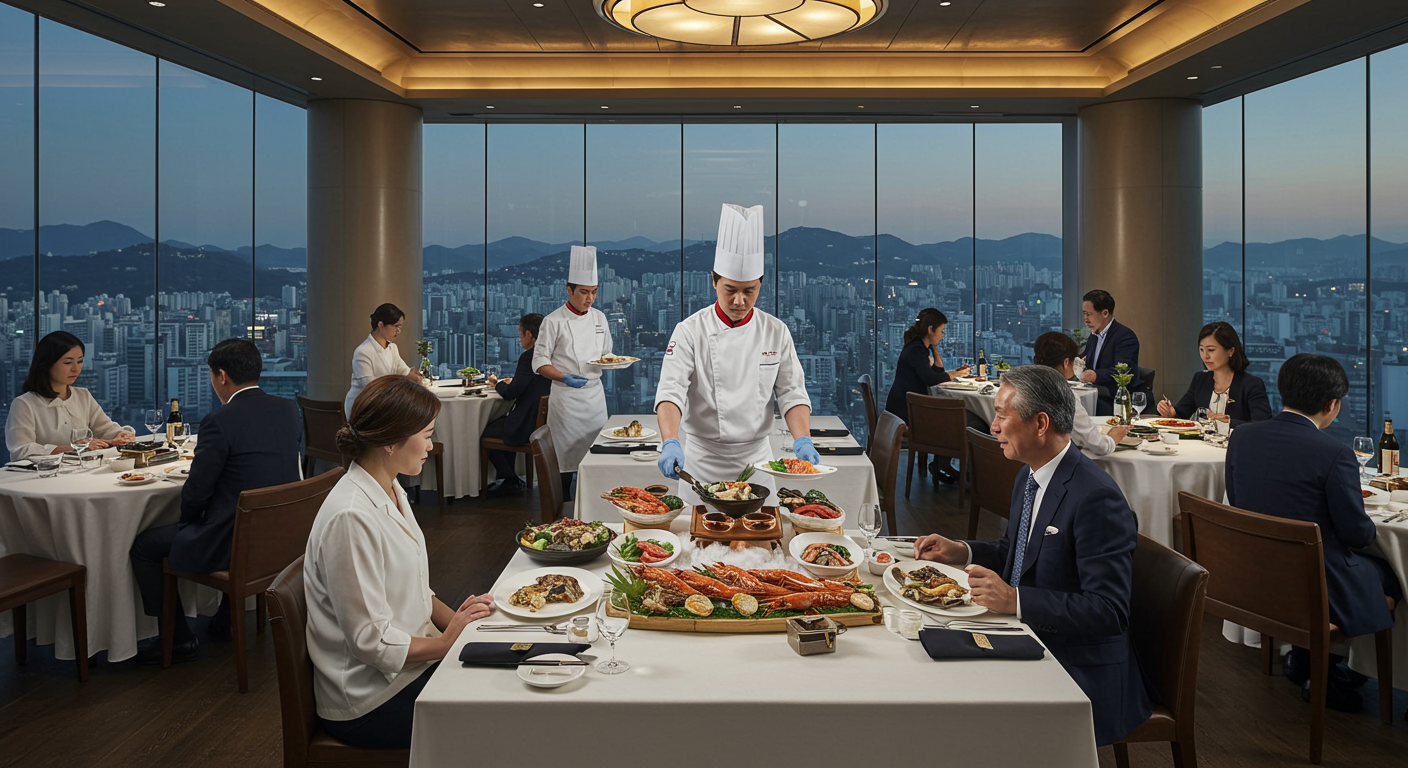 강남 트레이드타워 52층에서 셰프들이 프리미엄 해산물을 테이블에서 서빙하는 고급스러운 다이닝 장면