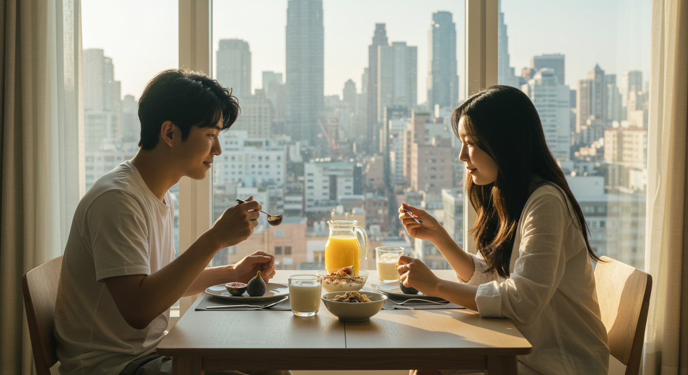 도시 전경을 바라보며 아침 식사 중인 젊은 커플의 건강한 식단