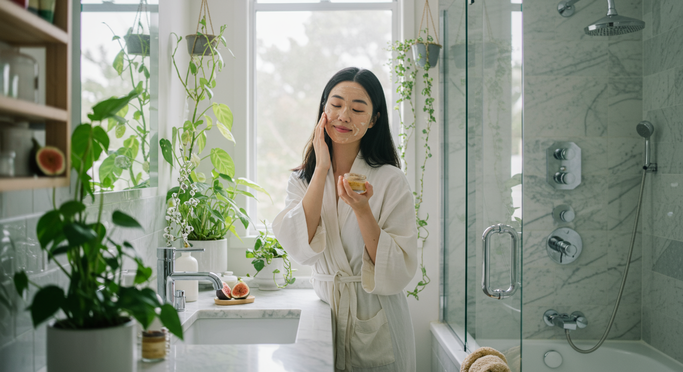 자연 채광이 드는 욕실에서 홈메이드 팩을 바르는 여성의 모습