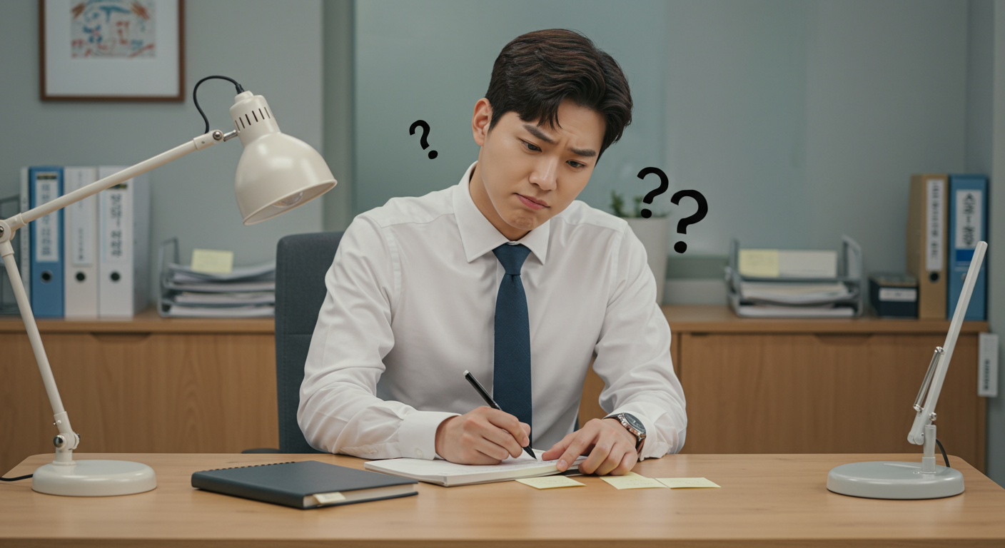 비슷한 발음의 단어를 생각하며 메모하는 직장인의 혼란스러운 표정