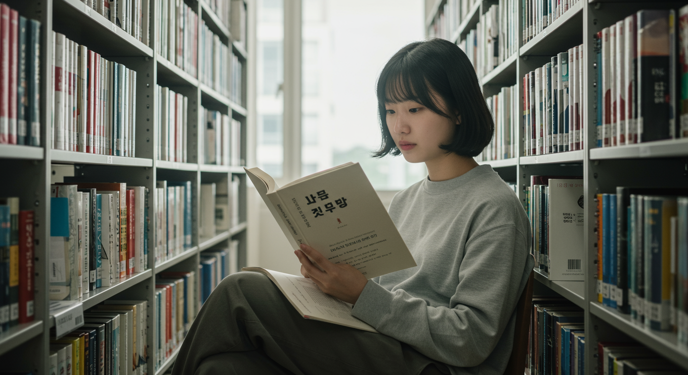 도서관에서 단어의 어원과 추상적 의미를 공부하는 학생