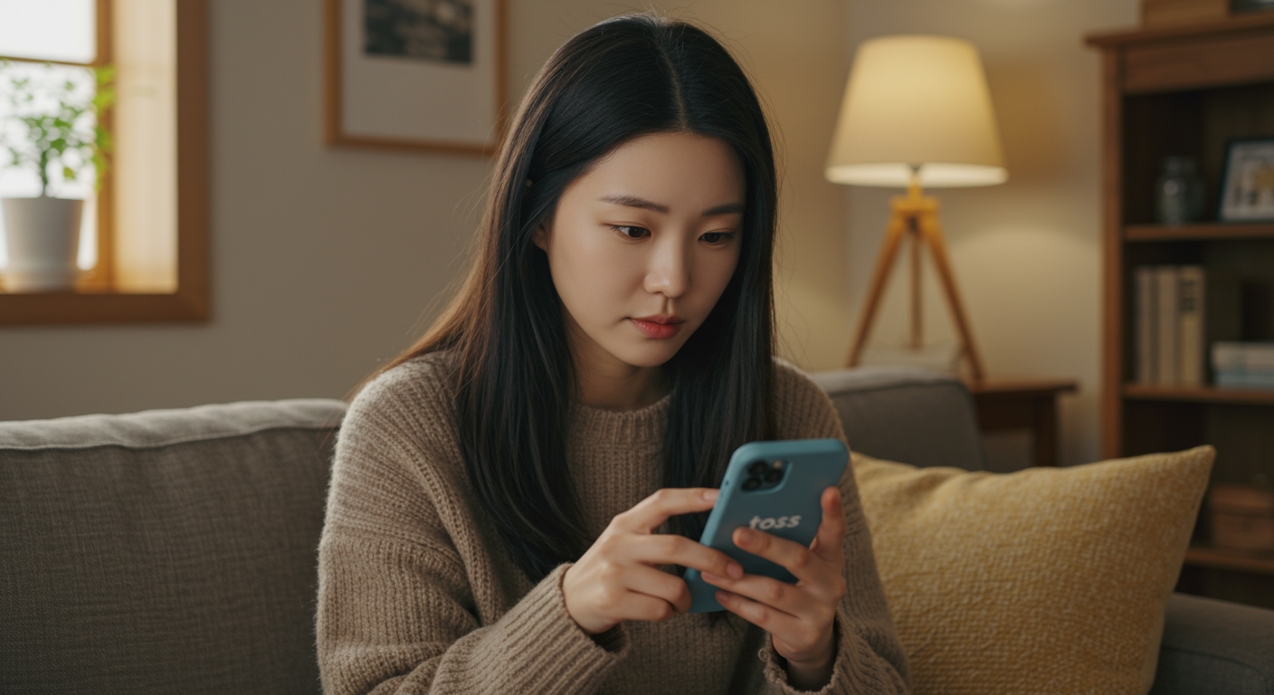 젊은 여성이 아늑한 거실에서 스마트폰으로 토스 앱을 사용하는 모습