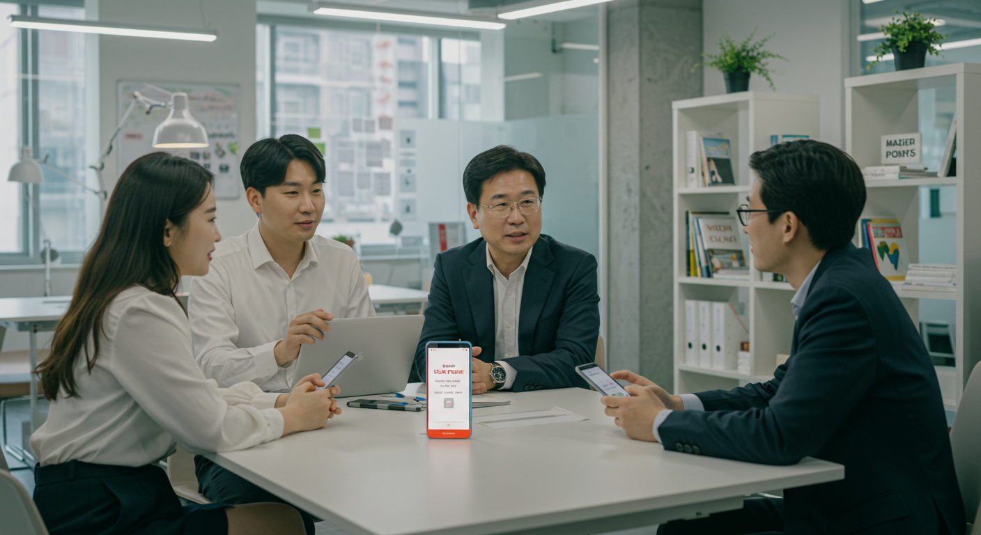 현대적인 사무실 환경에서 동료들이 휴식 시간에 토스 앱 전략을 논의하는 모습