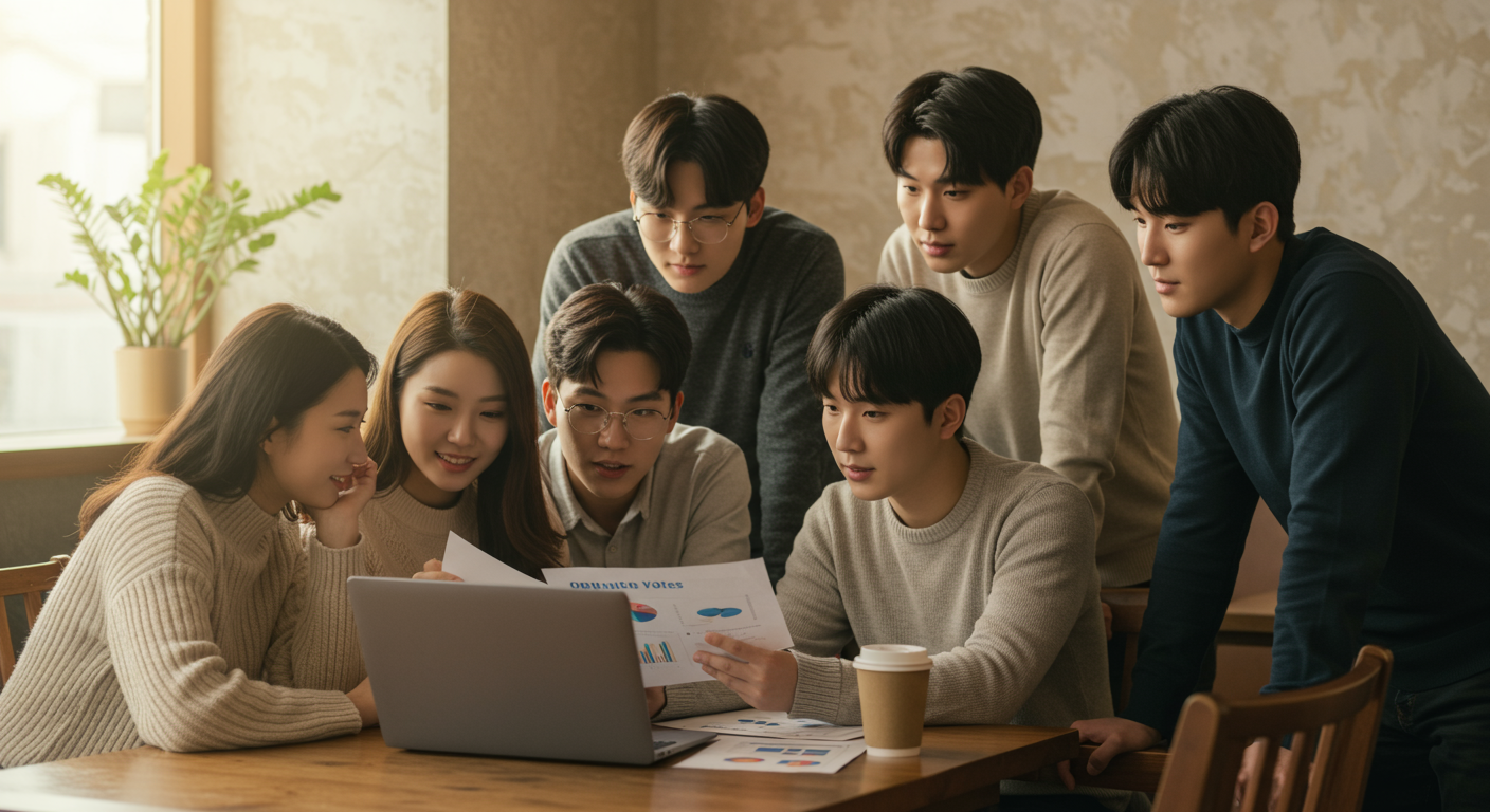카페에서 노트북으로 투표 경향을 분석하는 젊은이들