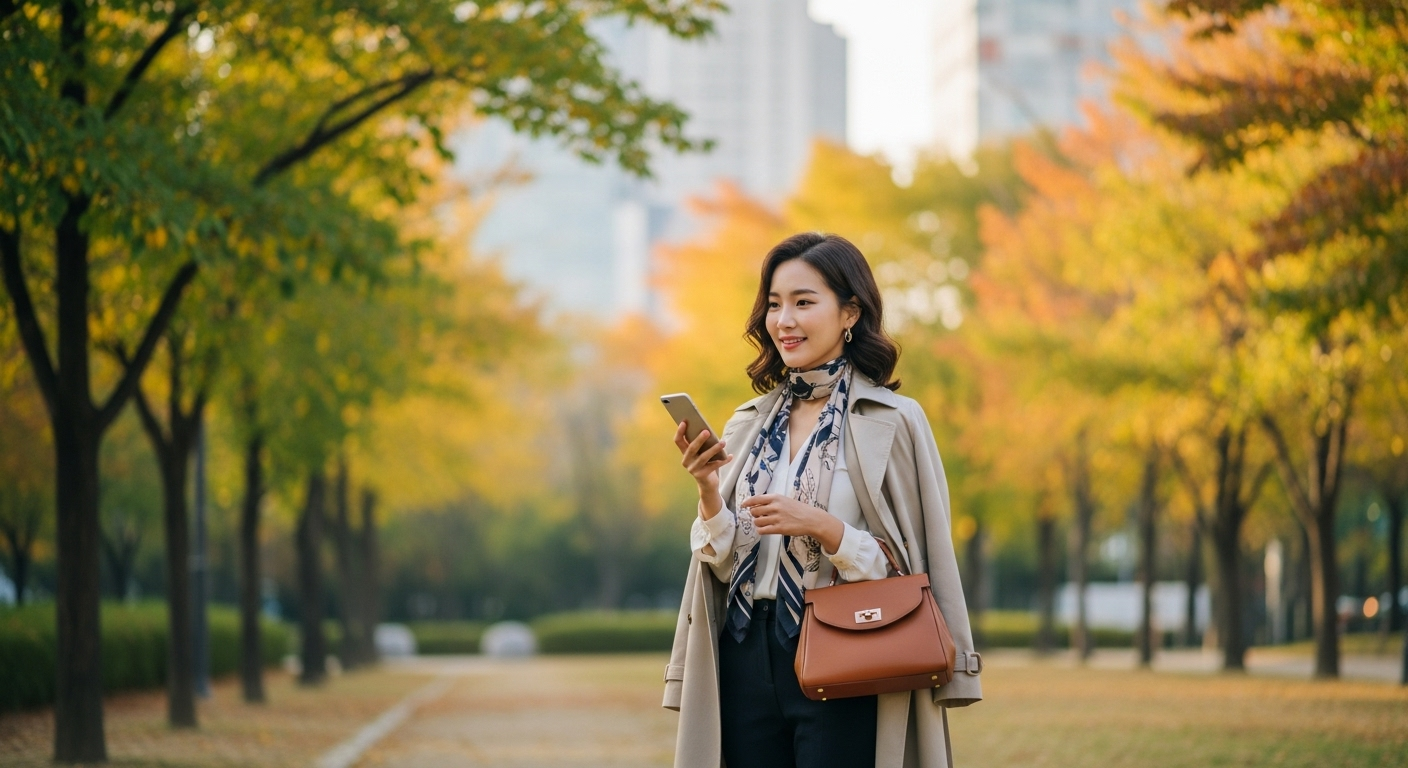 봄과 가을의 서울 공원에서 여러 겹의 옷을 입고 있는 여성