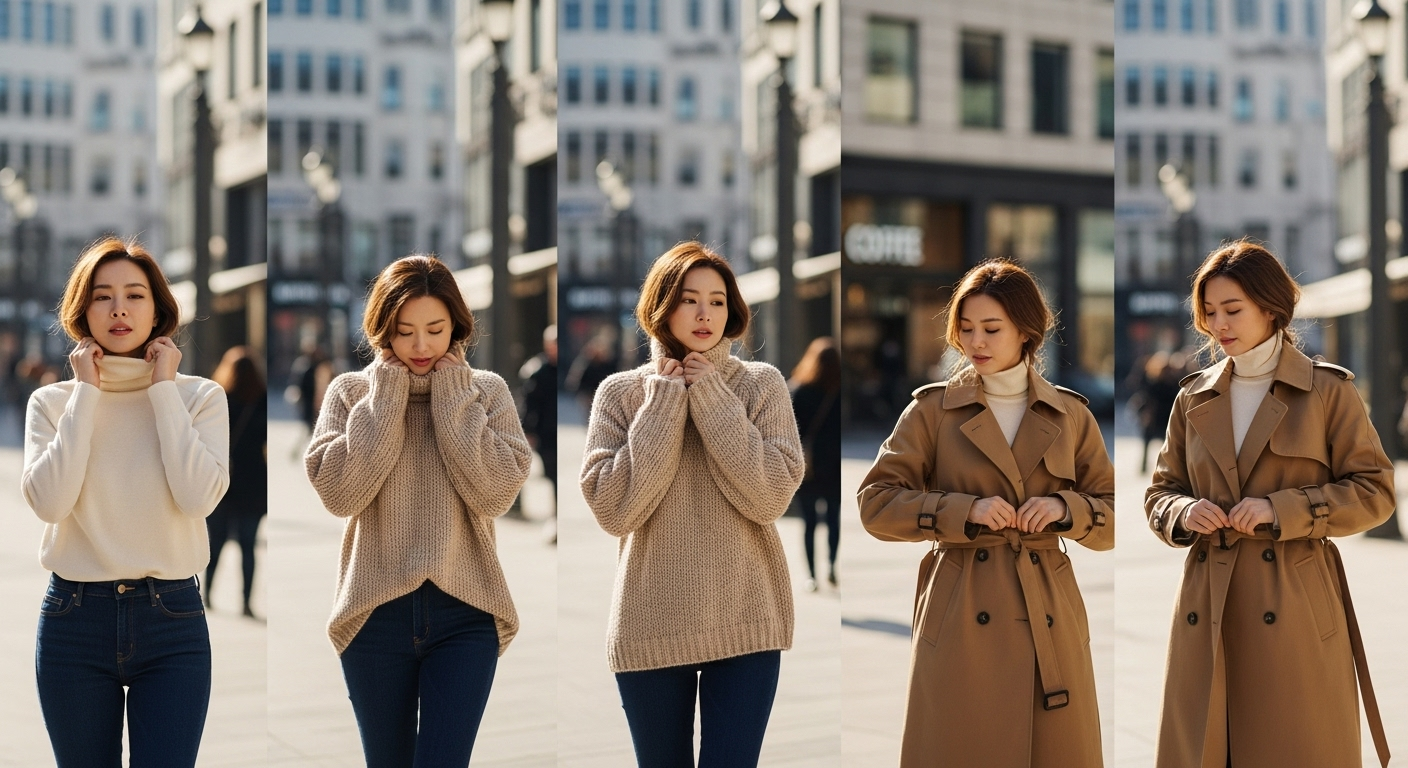 도시 배경 속에서 터틀넥과 스웨터, 트렌치코트를 겹쳐 입은 여성