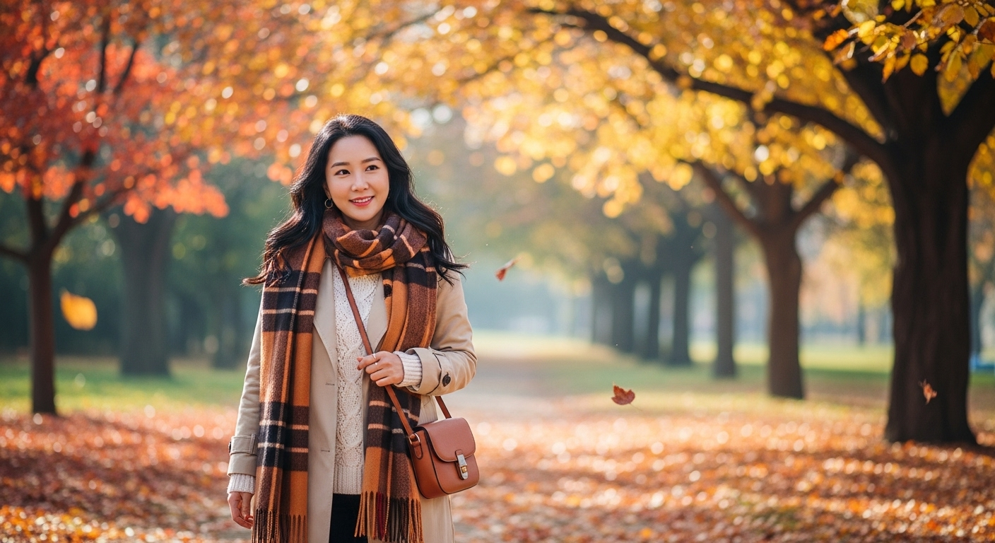 공원에서 가벼운 스웨터와 스카프를 겹쳐 입고 있는 여성의 모습