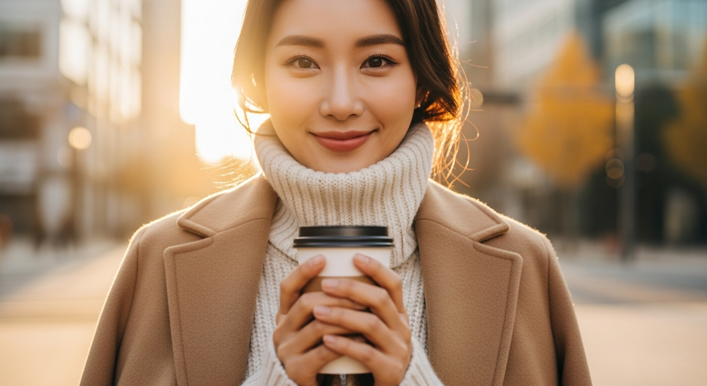 울 터틀넥과 코트를 입고 커피를 들고 있는 여성