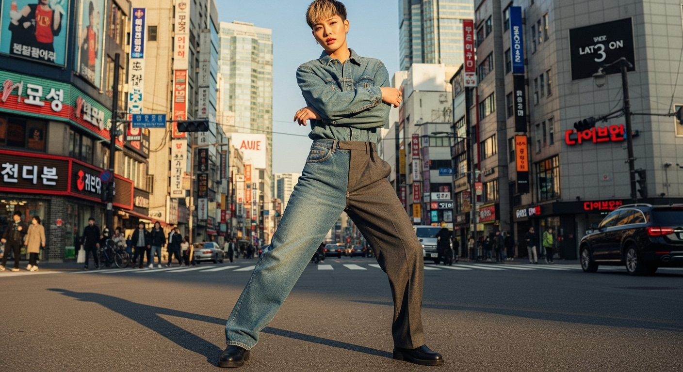 두꺼운 청바지와 울 슬랙스를 착용한 패션 모델