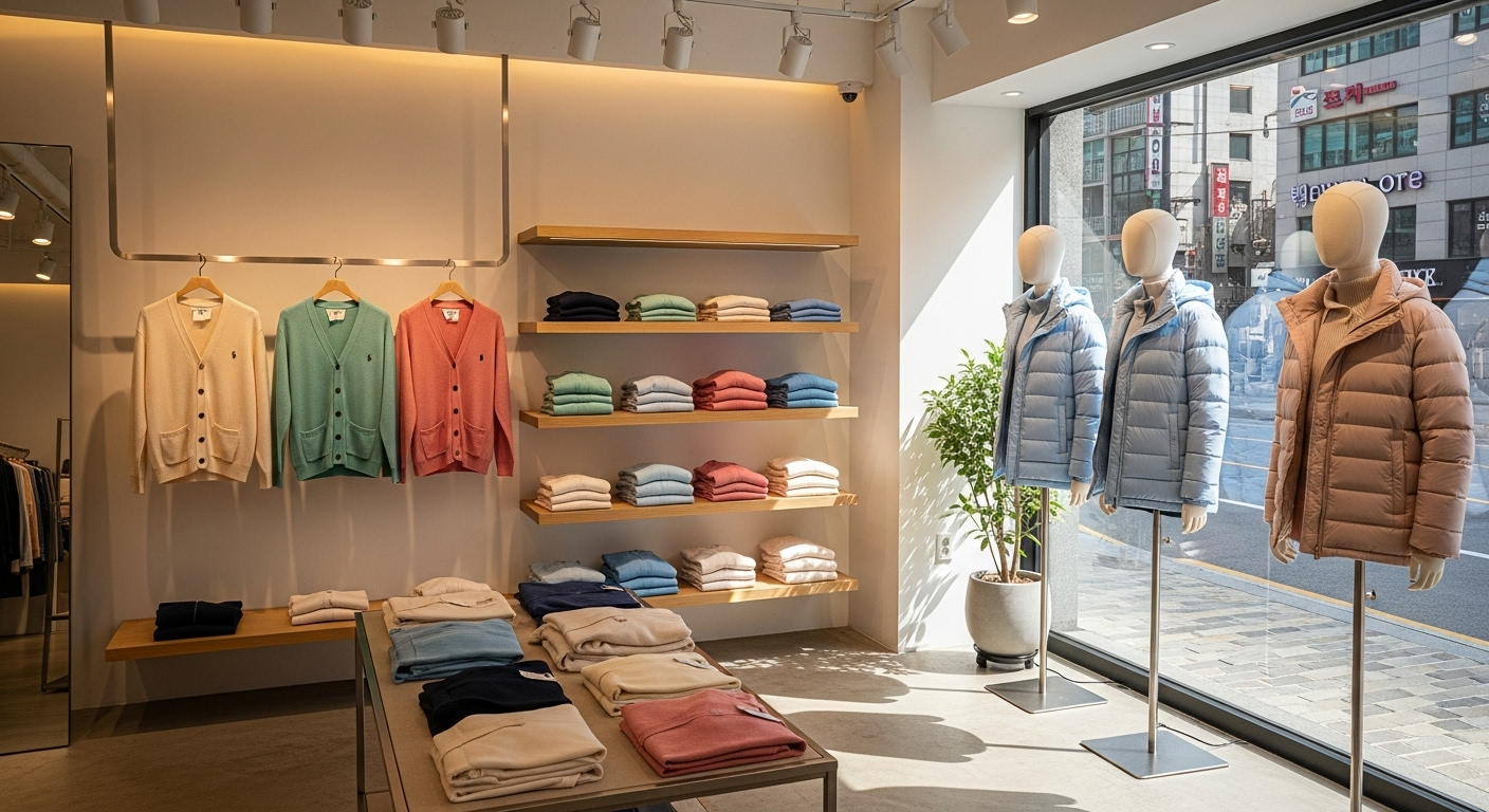 서울 부티크에서 진열된 파스텔 톤 폴로 가디건과 프리미엄 패딩