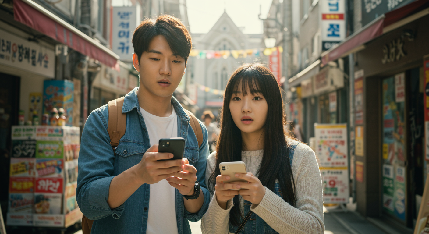 새로운 도시를 탐험하며 스마트폰으로 가까운 성당을 찾는 젊은 커플