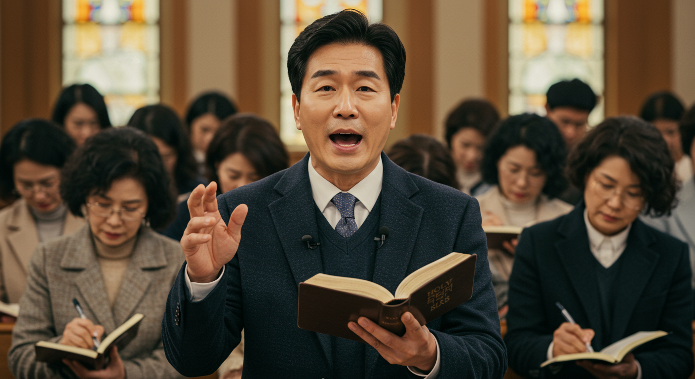 성경을 펼치고 설교하는 한국인 목사의 모습과 경청하는 회중