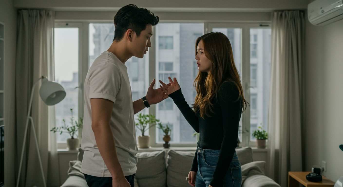 현대적인 아파트에서 젊은 커플이 연애 갈등에 대해 격렬하게 논의하는 모습