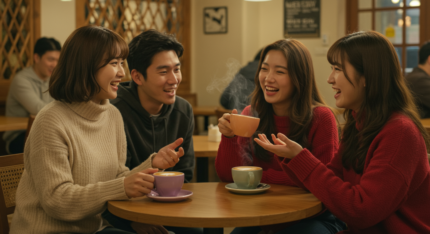 카페에서 친구들이 개인 취향과 생활 방식 차이에 대해 토론하는 모습