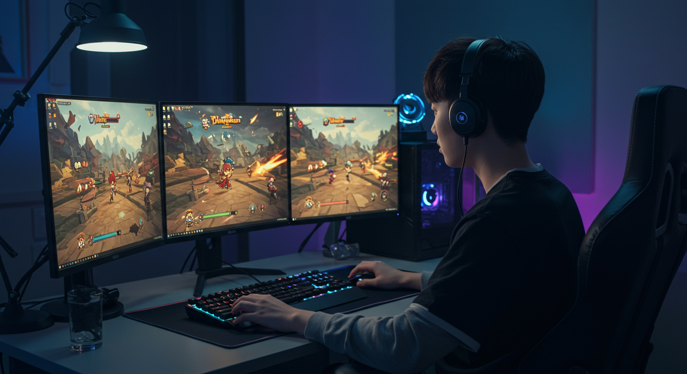 책상 위 여러 모니터에 게임을 띄워놓고 집중하는 게이머의 모습