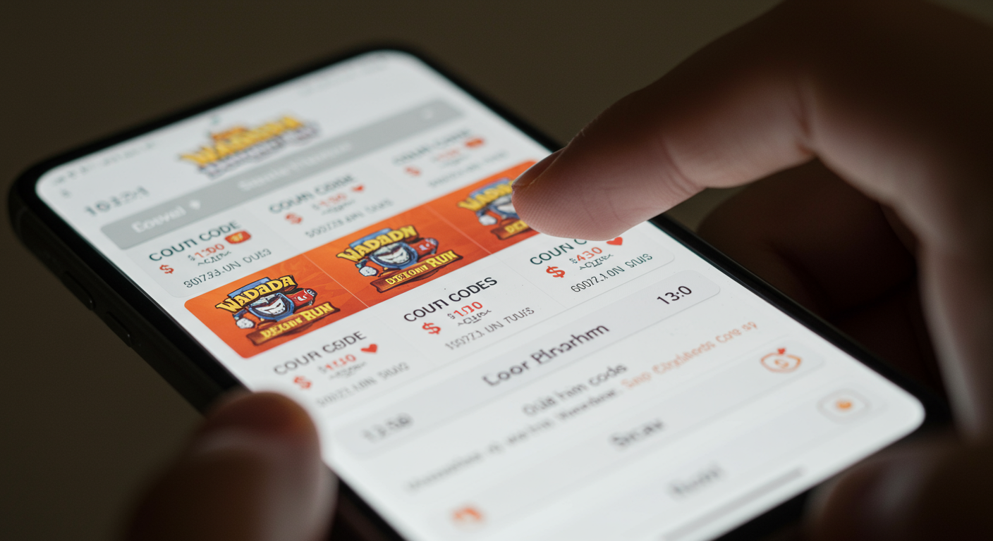 스마트폰 화면에 보이는 다양한 게임 쿠폰 코드 목록과 입력 중인 손가락