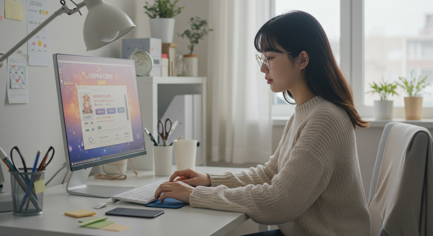 컴퓨터 화면에 게임 인터페이스를 띄워놓고 신중하게 쿠폰 코드를 입력하는 모습