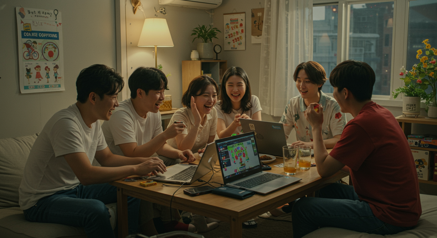 아늑한 공간에서 친구들과 함께 게임 전략과 쿠폰 정보를 공유하며 대화하는 장면