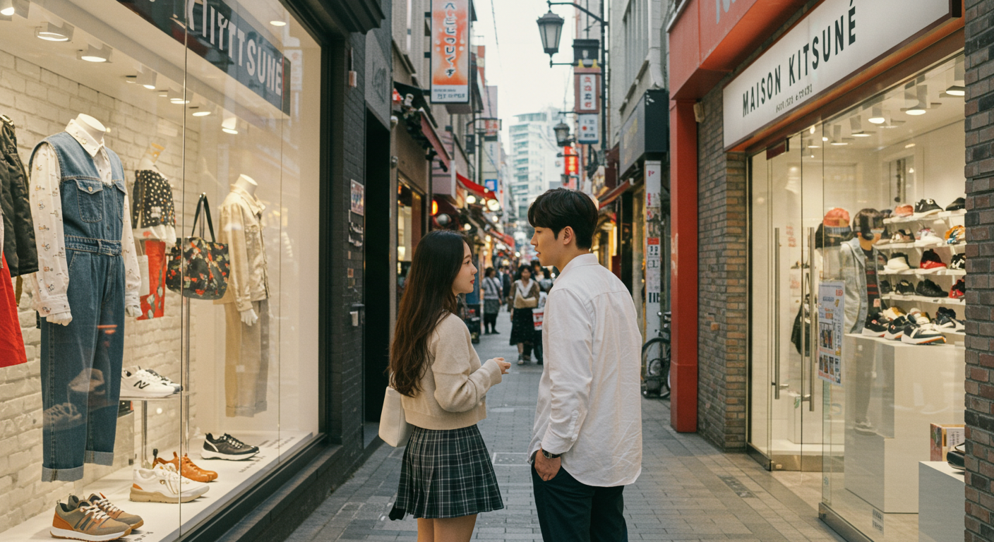 메종키츠네와 스니커즈 상점을 둘러보는 세련된 관광객들