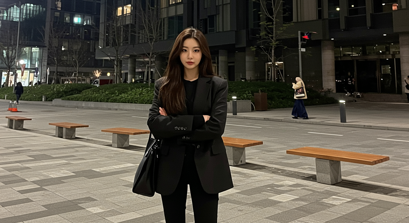 넷플릭스 출연자 옥순처럼 세련된 도시 배경에서 자신감 있게 포즈를 취하는 스타일리시한 여성