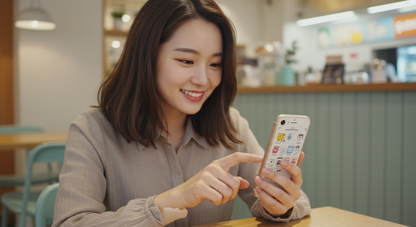 현대적인 여성이 카페에서 아이폰의 카톡 테마를 살구공작소 캐릭터로 바꾸는 모습