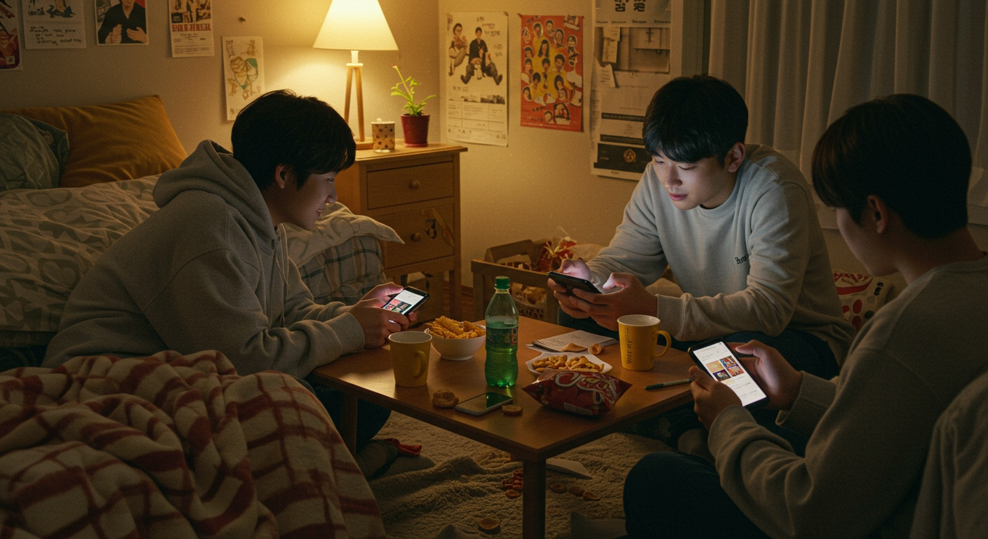 젊은이들이 방에서 네이버 블로그와 핀터레스트로 무료 카톡 테마 검색하는 장면