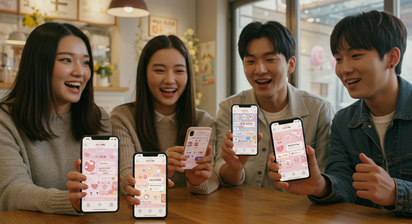 친구들이 한국의 멋진 카페에서 아이폰으로 귀엽고 미니멀한 디자인의 카톡 테마 공유