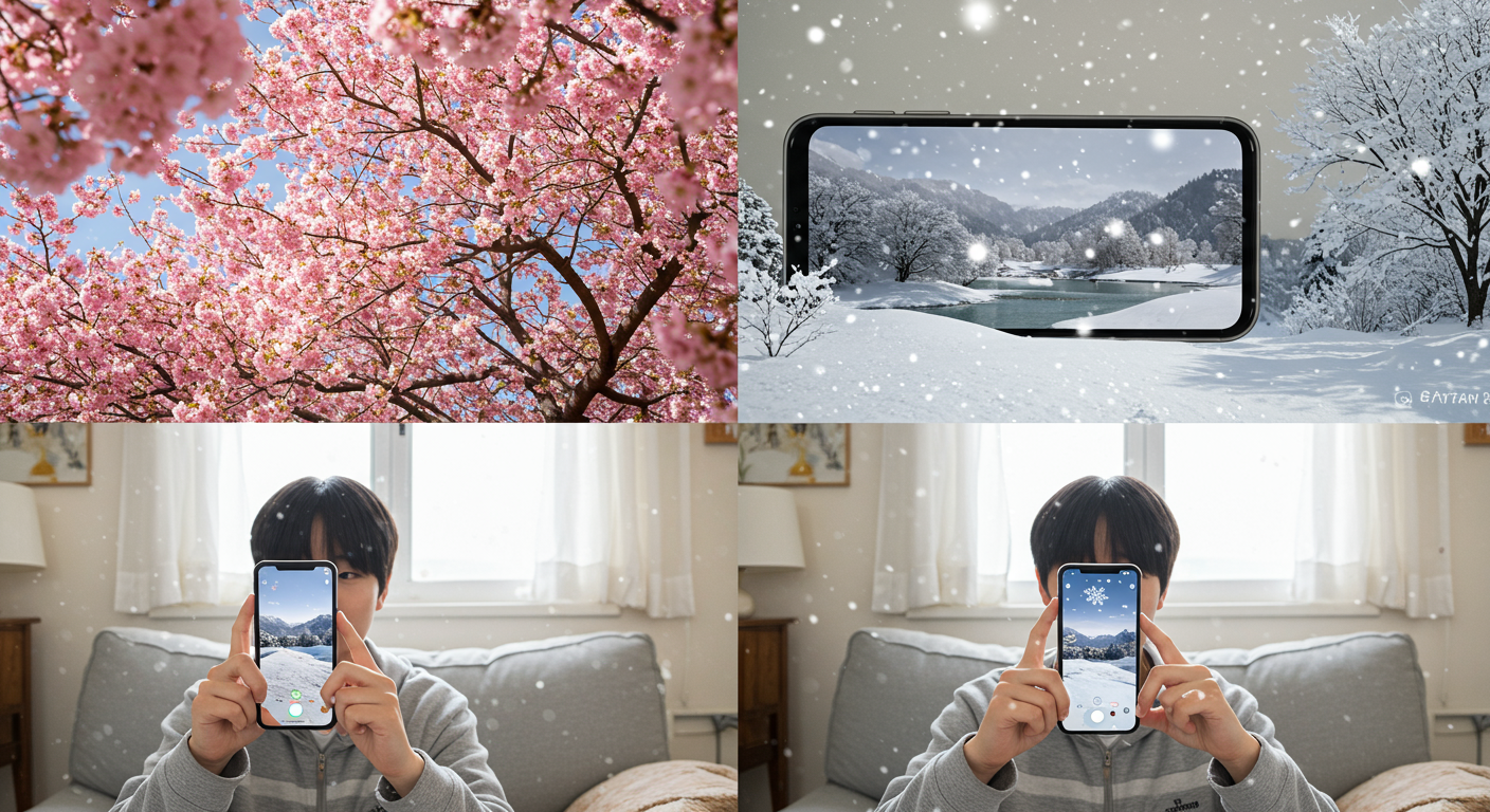 청소년들이 집에서 계절에 맞춘 다양한 아이폰 테마 적용 시도 모습