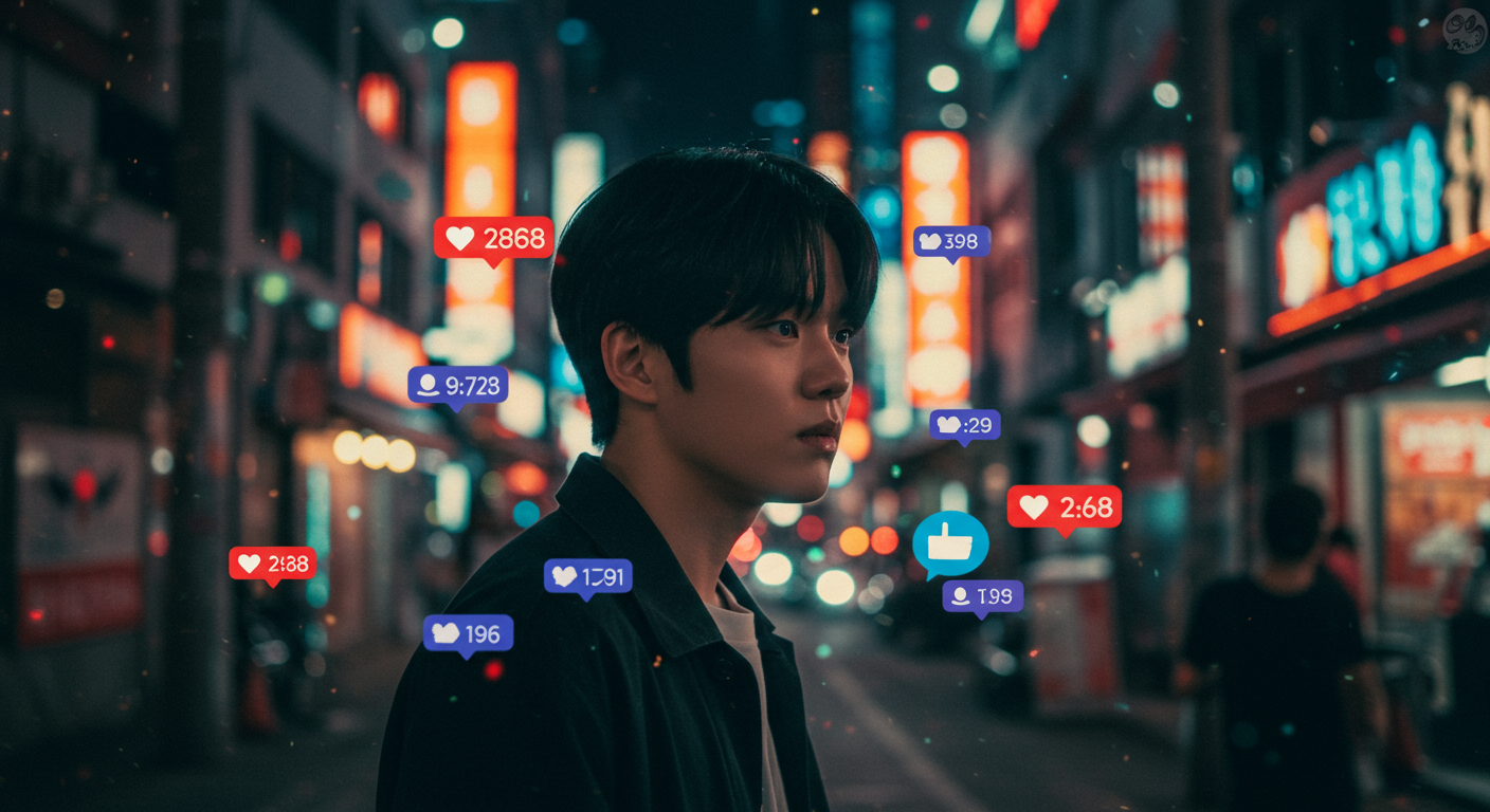 밤 도시 풍경 속 정체성을 고민하는 젊은이와 대비되는 소셜 미디어 아이콘