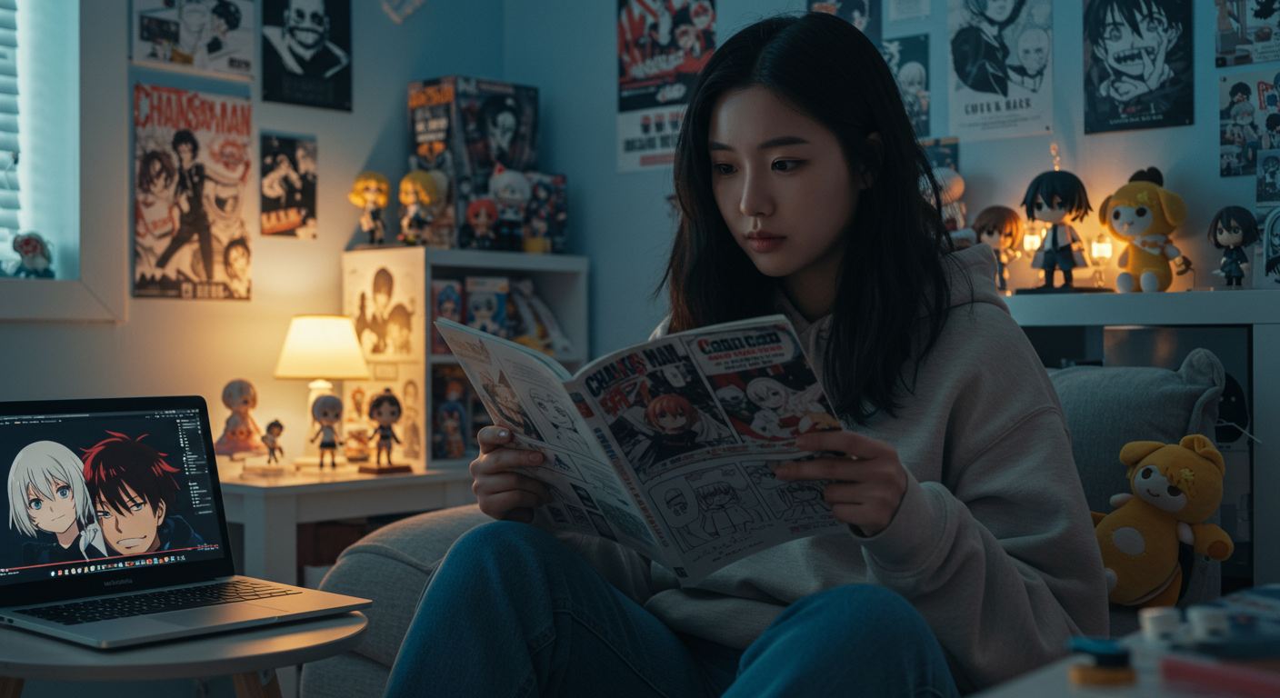 애니메이션 팬이 만화책을 읽으며 사운드트랙을 듣는 모습