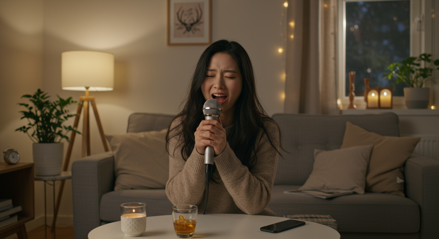 아늑한 거실에서 카라오케 마이크를 사용하여 열정적으로 노래를 부르는 여성