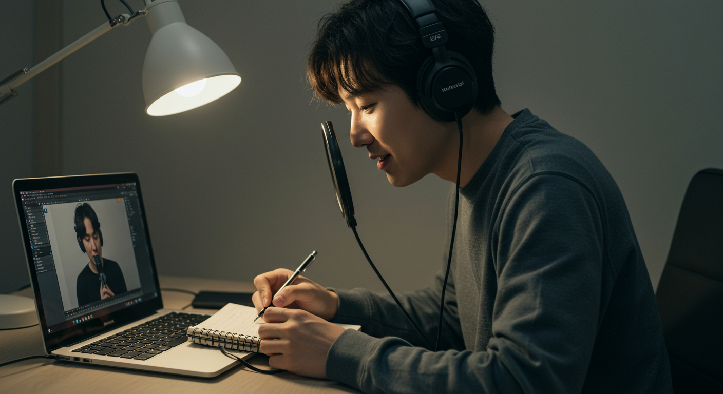헤드폰을 착용하고 자신의 노래 영상을 노트북으로 검토하며 메모하는 남성