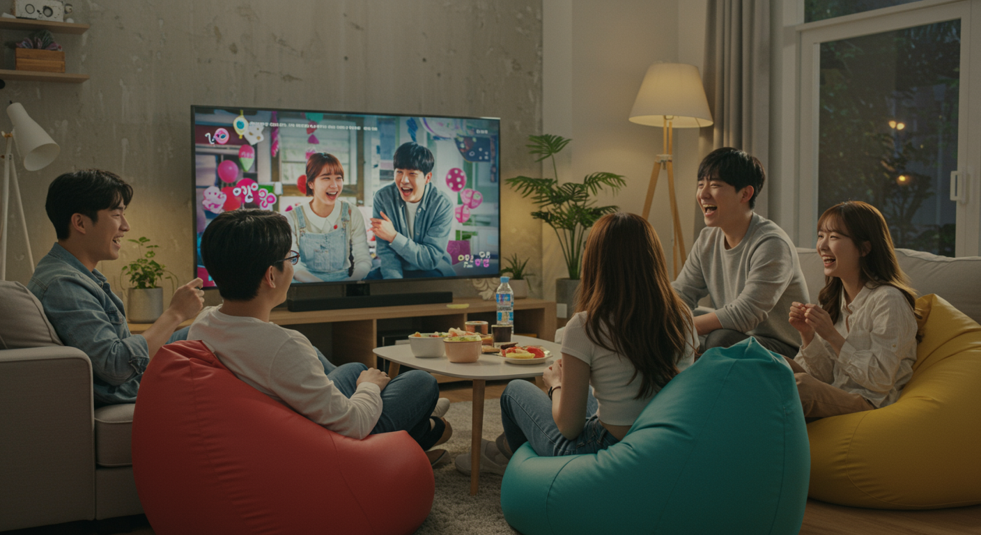 집에서 대형 TV로 로맨틱 코미디를 즐기는 젊은이들의 즐거운 표정