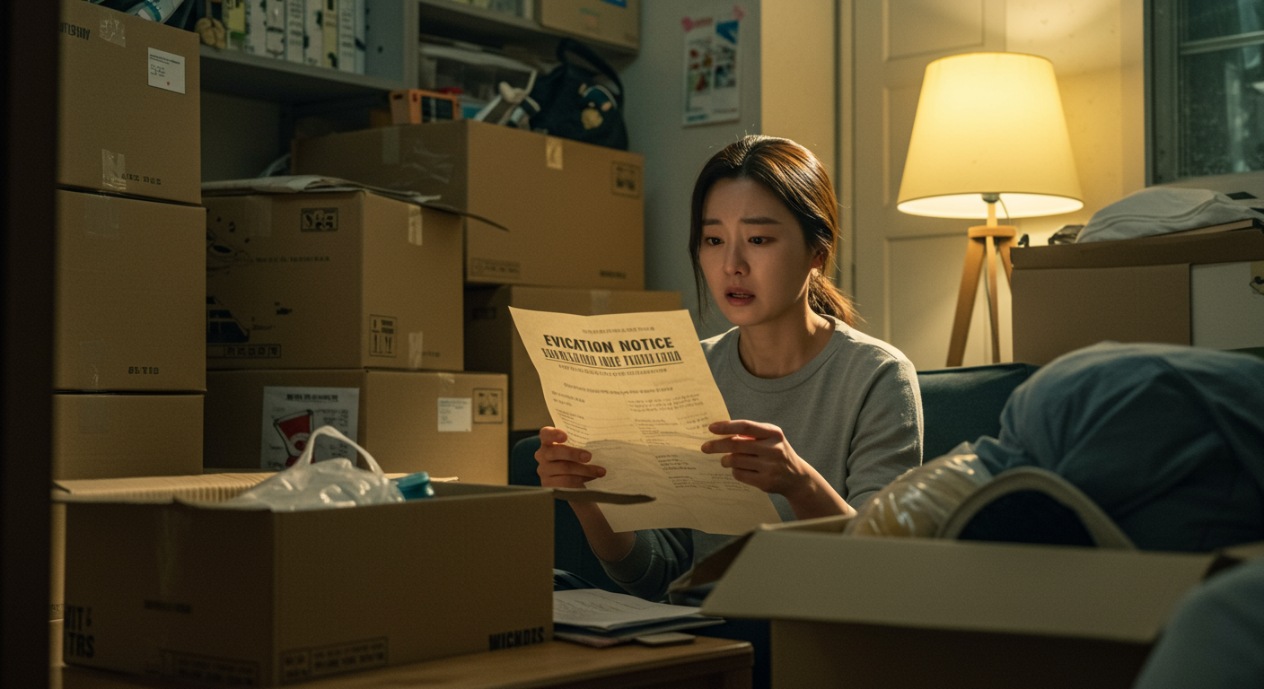 작은 아파트에서 퇴거 통지를 받은 후 스트레스를 받는 여성의 모습