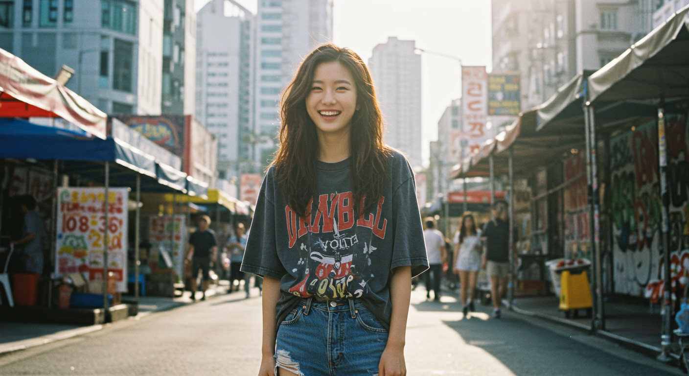 도시 배경에서 세련된 스트리트웨어를 입은 현대적 배우의 모습