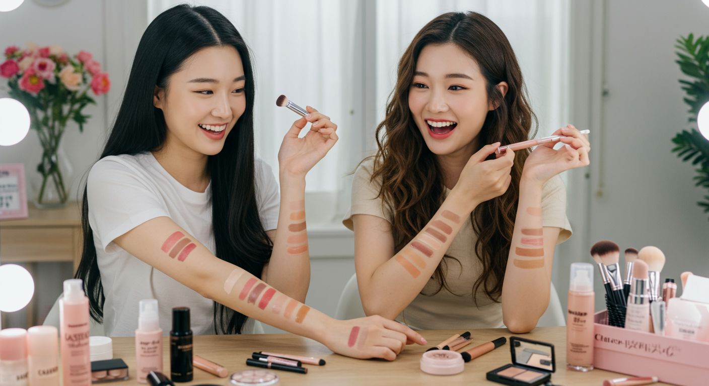 명품 브랜드와 비교하며 다이소 화장품을 테스트하는 젊은 여성들