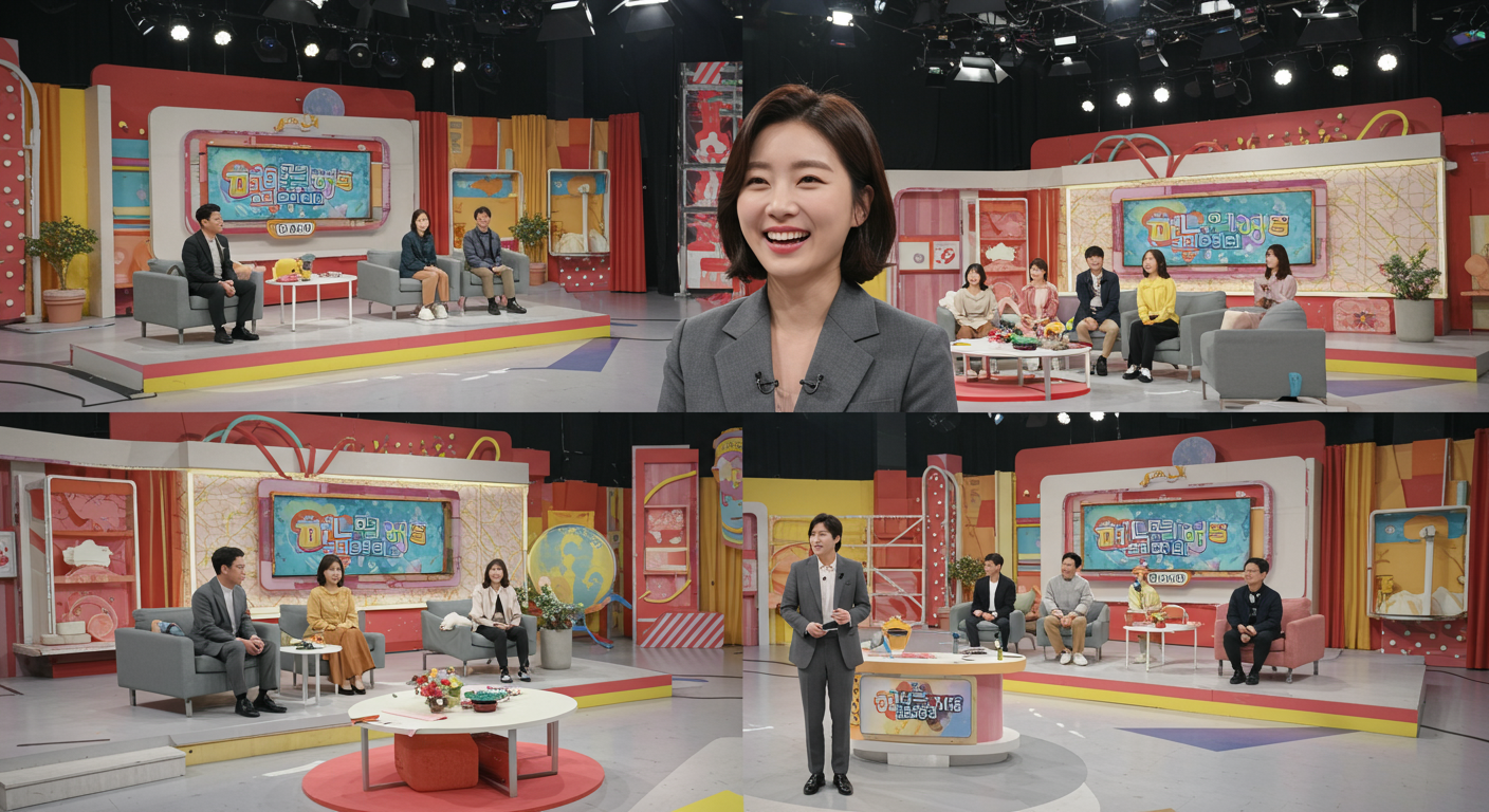 다채로운 스튜디오에서 토크쇼를 진행하는 다재다능한 방송인의 모습