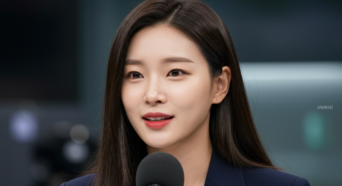 생방송 중 정확한 발음을 강조하며 말하는 세심한 여성 아나운서의 클로즈업