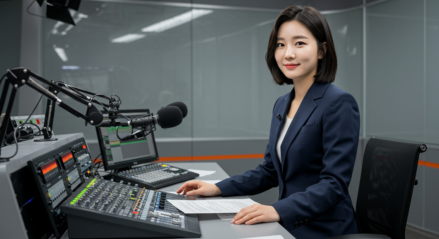 현대적인 스튜디오에서 방송 장비에 둘러싸인 전문성과 헌신을 보여주는 여성 아나운서