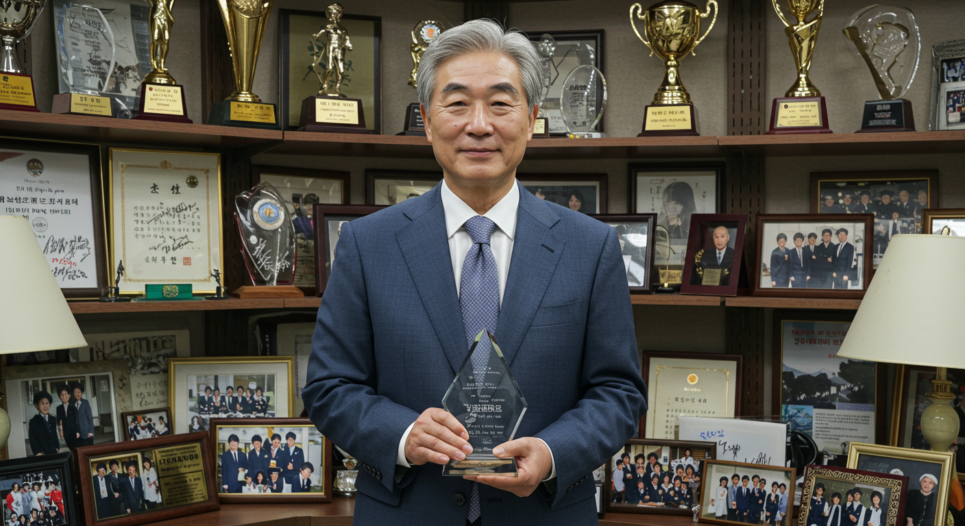 방송 수상 트로피와 기념품으로 가득한 사무실에서 성취감과 역사를 보여주는 베테랑 한국 방송인