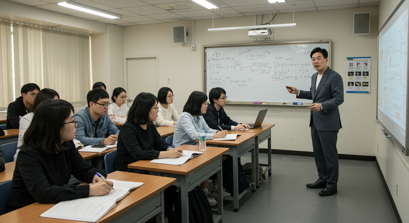 학생들로 가득 찬 대학 강의실에서 강연하는 저명한 한국 전문인