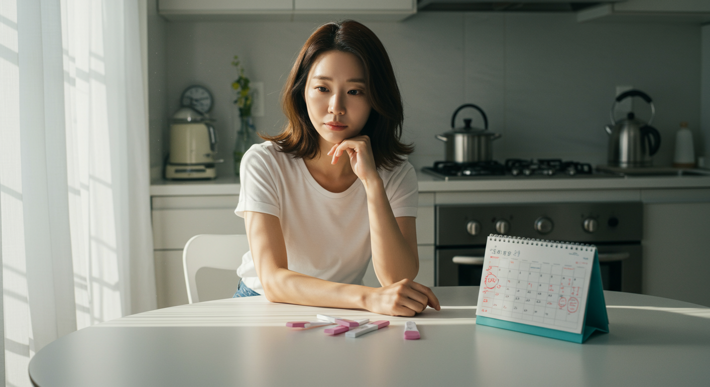 현대적인 주방에서 임신 테스트 키트와 달력 앞에 앉아 고민하는 여성의 모습