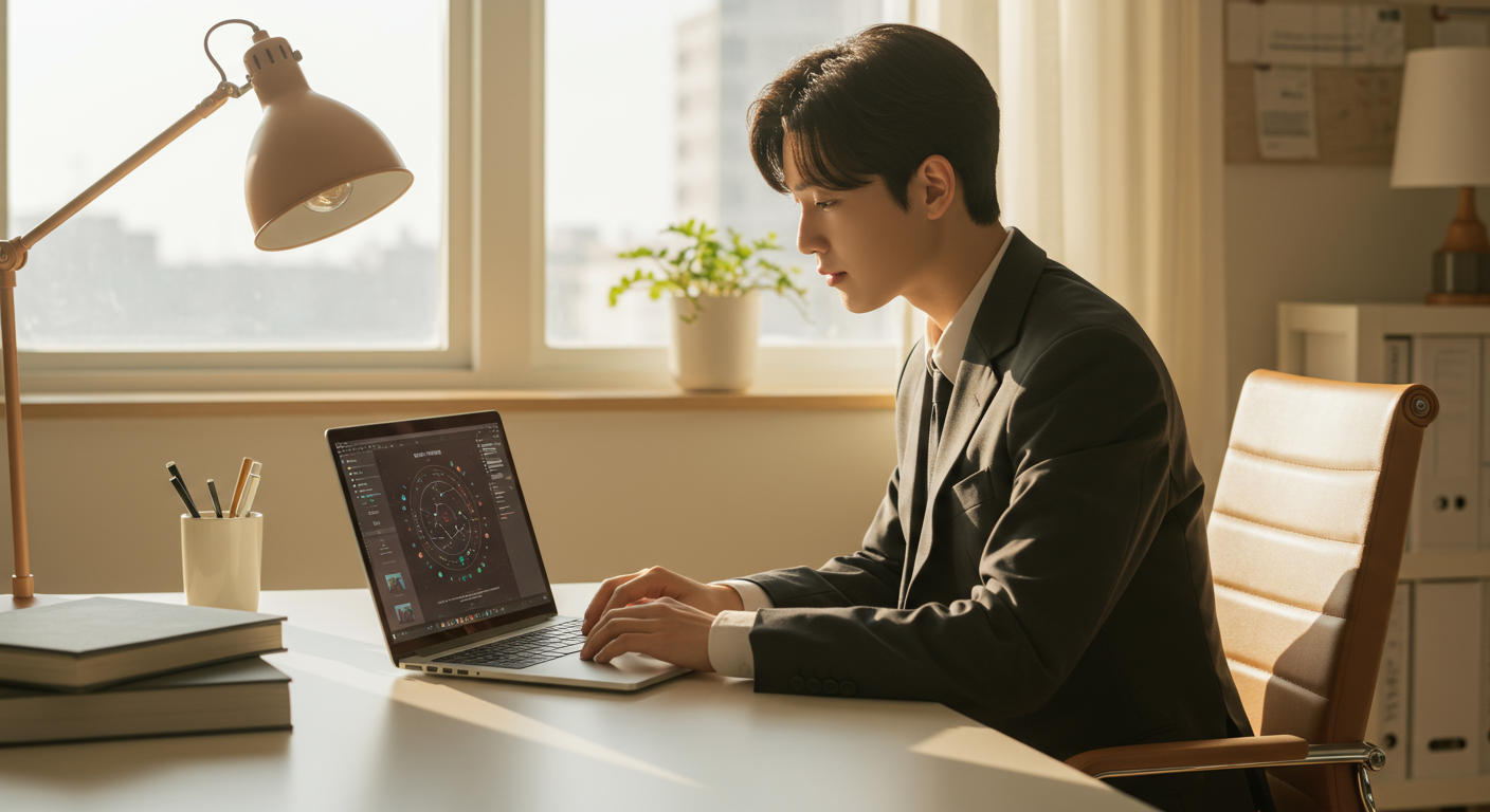 젊은 직장인이 노트북으로 오늘의 운세를 읽고 있는 현대적인 사무실