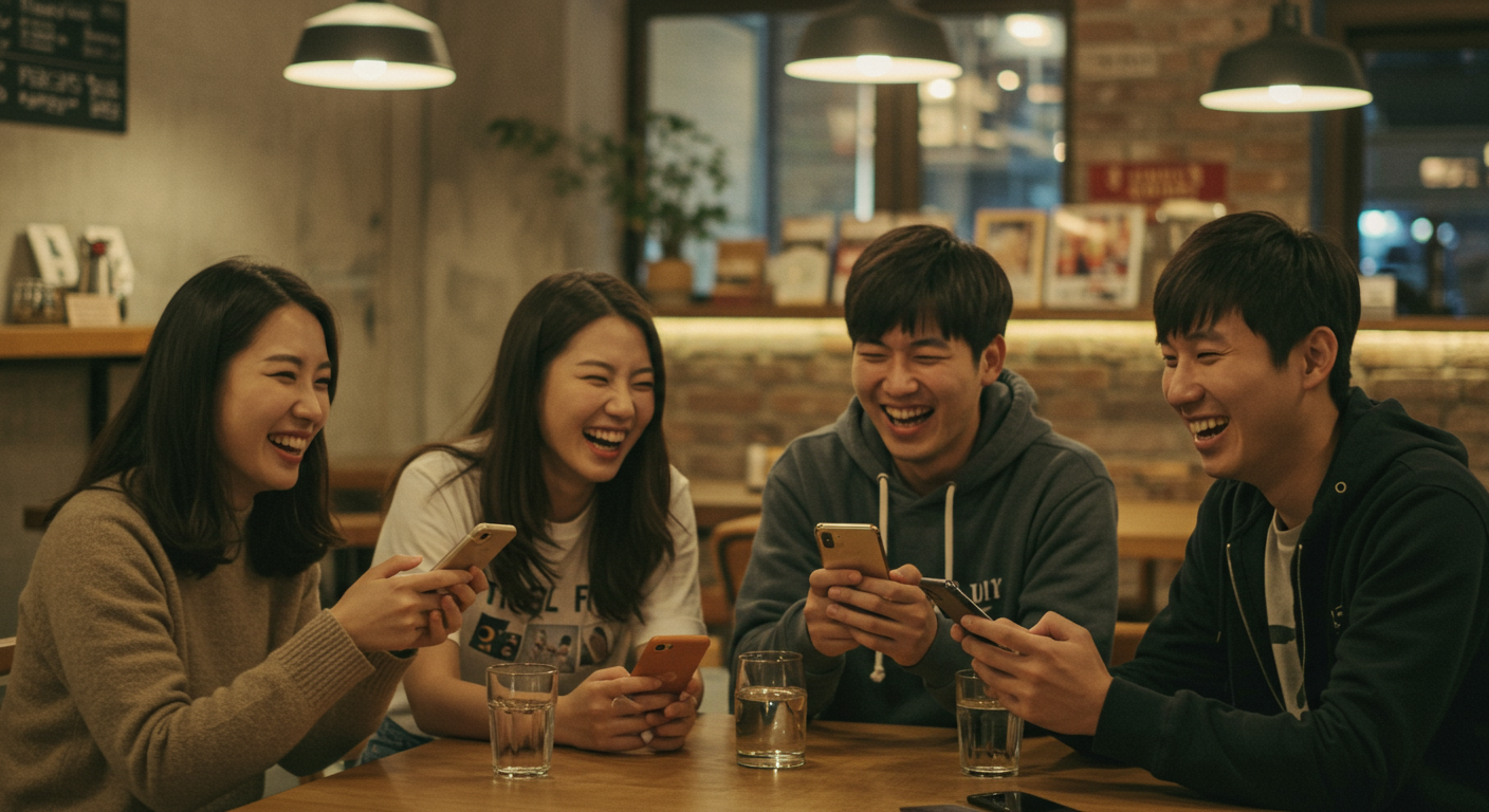 친구들이 카페에서 스마트폰으로 웃으며 이야기를 나누는 모습