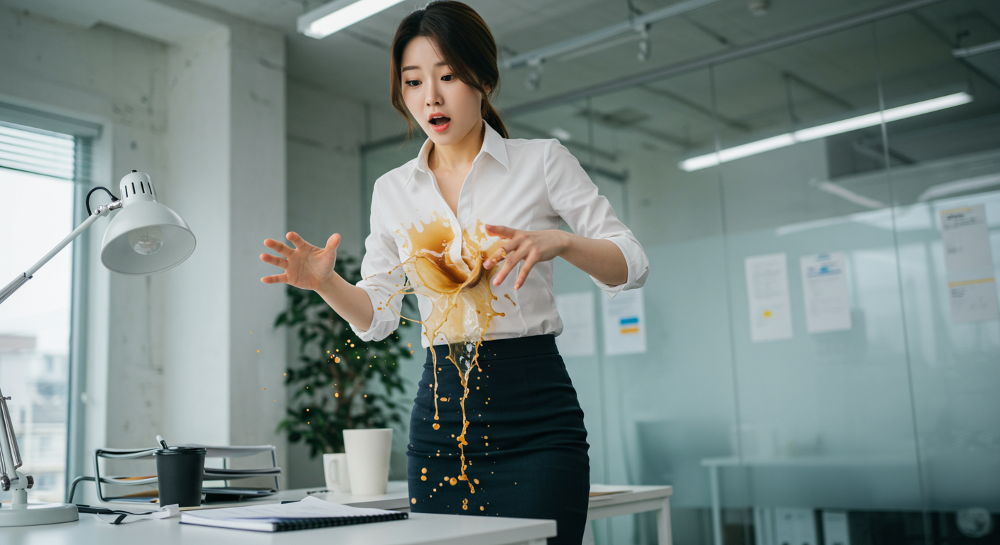 사무실에서 커피를 쏟아 당황하는 젊은 여성의 모습