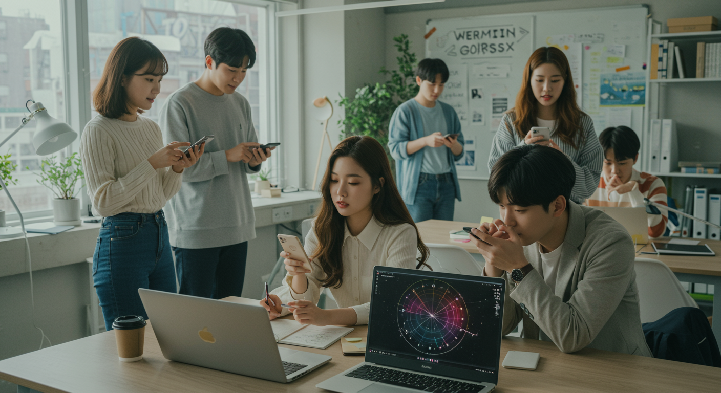 현대식 사무실에서 스마트폰으로 별자리 예측을 공유하는 직장인들
