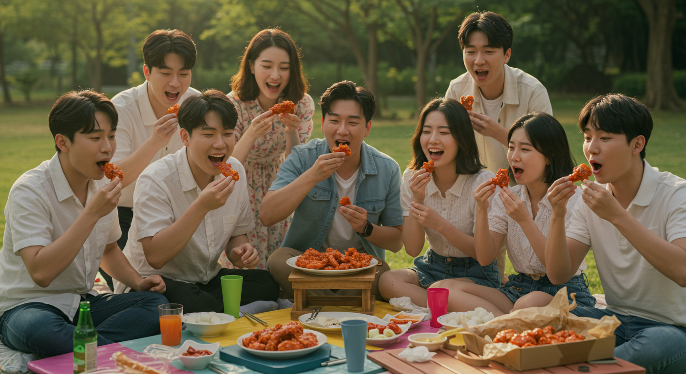 다양한 사람들이 모여 여러 가지 맛의 치킨을 즐기는 모습
